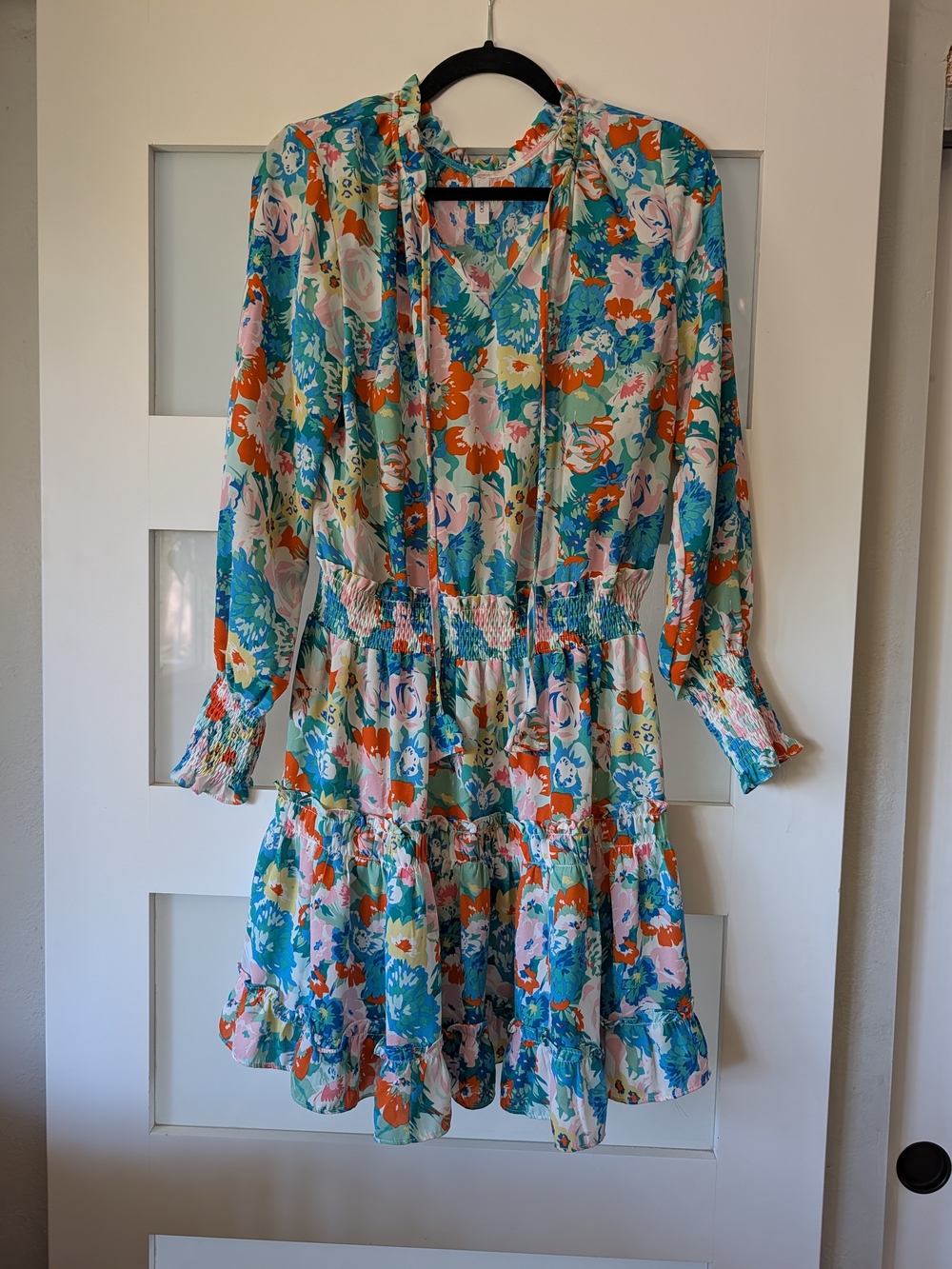 Smocked Waist Floral Mini Dress in Teal & Coral
